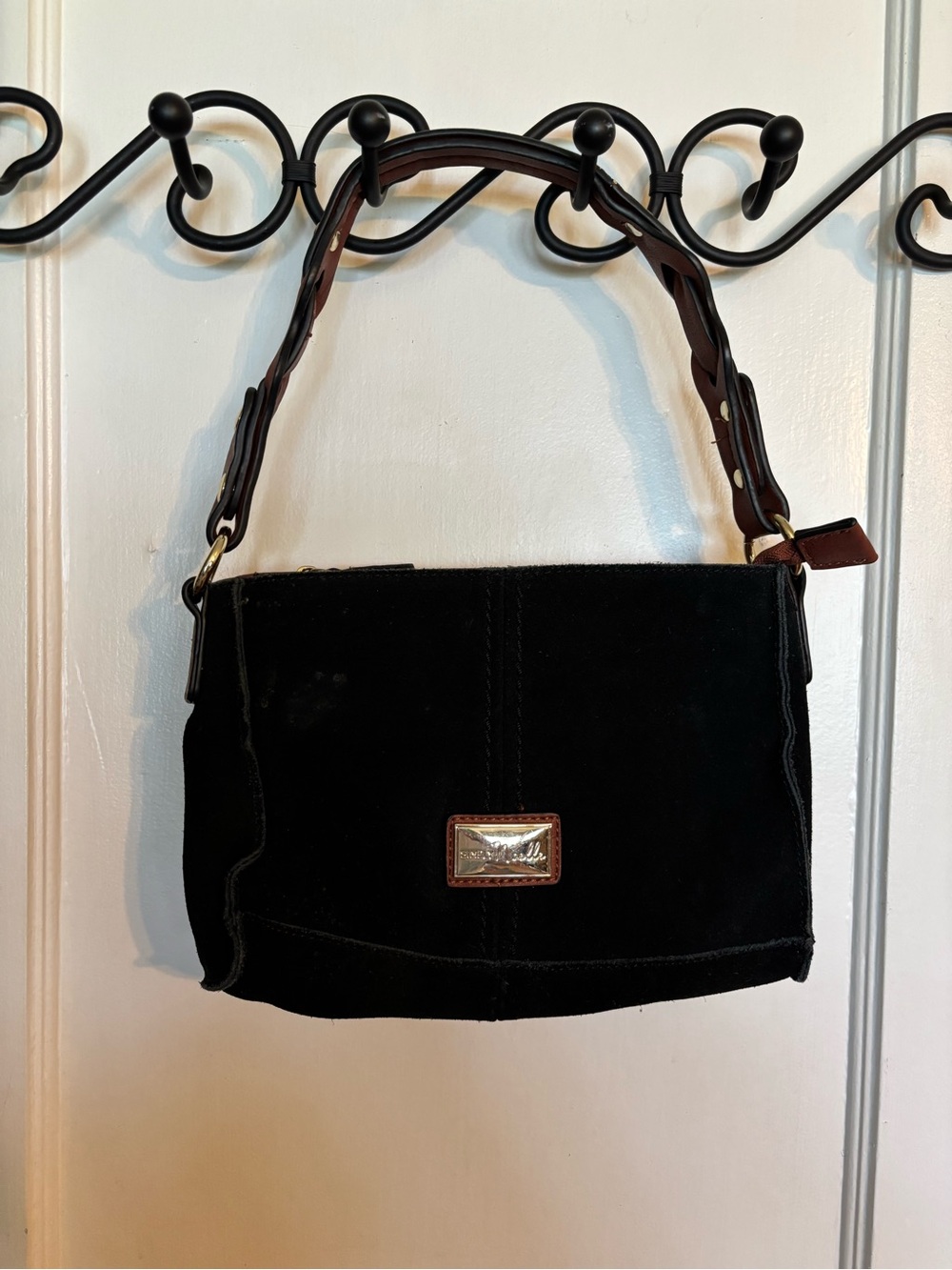 Simply Noelle Black Suede Shoulder Bag with Brown Leather Handle